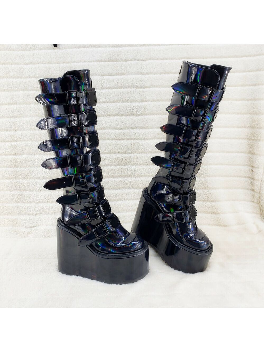 NIB DEMONIA Swing 815 Black Oil Slick Patent Goth Punk Knee Boot 5.5" Platform